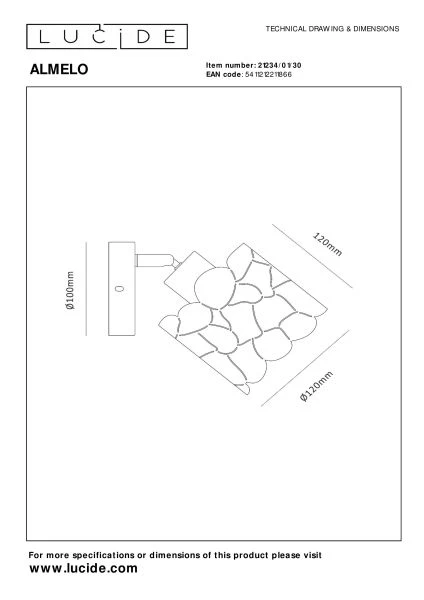 Lucide ALMELO - Foco de pared / Lámpara de pared - Ø 12 cm - 1xE14 - Negro - técnico